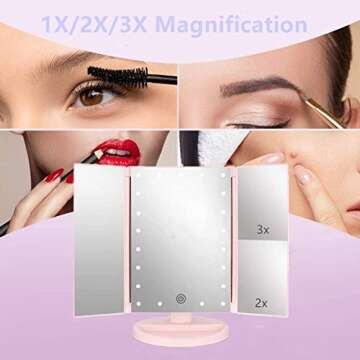 Flymiro Tri-fold Lighted Vanity Makeup Mirror with 3X/2X Magnification, LEDs & Touch Screen