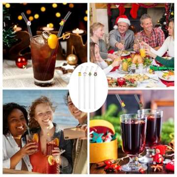 4Pcs Glass Straws with Charms, Reusable Clear Drinking Straws with Christmas Decor, Cute Colorful Christmas Glass Straws Shatter Resistant with Cleaning Brush