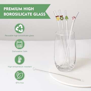 4Pcs Glass Straws with Charms, Reusable Clear Drinking Straws with Christmas Decor, Cute Colorful Christmas Glass Straws Shatter Resistant with Cleaning Brush