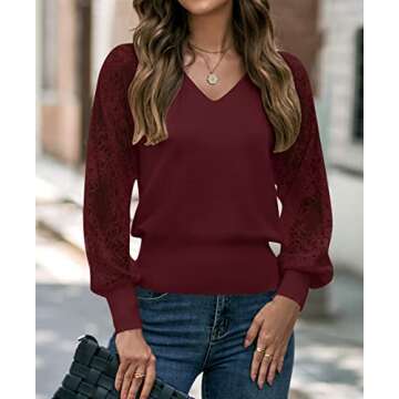 MEROKEETY Womens 2024 Lace Sleeve Fall Sweaters V Neck Casual Trendy Ribbed Tops Wine