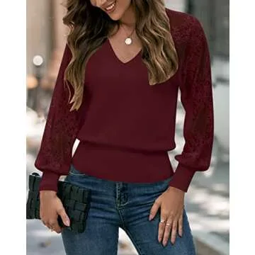 MEROKEETY Womens 2024 Lace Sleeve Fall Sweaters V Neck Casual Trendy Ribbed Tops Wine