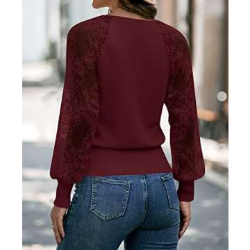 MEROKEETY Womens 2024 Lace Sleeve Fall Sweaters V Neck Casual Trendy Ribbed Tops Wine