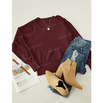 MEROKEETY Womens 2024 Lace Sleeve Fall Sweaters V Neck Casual Trendy Ribbed Tops Wine