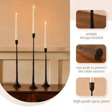 Iron Black Candlestick Holders, Set of 3 Candle Stick Holders,Fits 3/4 inch Thick Candle&Led Candles...