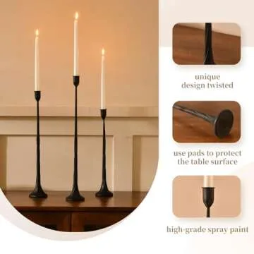Iron Black Candlestick Holders, Set of 3 Candle Stick Holders,Fits 3/4 inch Thick Candle&Led Candles...