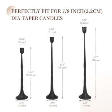Iron Black Candlestick Holders, Set of 3 Candle Stick Holders,Fits 3/4 inch Thick Candle&Led Candles, Vintage Modern Decorative Centerpiece for Dining Table Centerpiece, Wedding, Party Decor