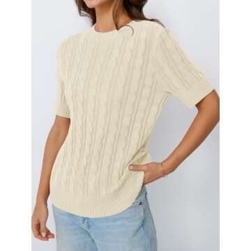 LILLUSORY Womens Short Sleeve Sweater for Women Cable Knit Spring Business Casual Outfits Dressy Work Tops Summer Y2K Shirts Cream M