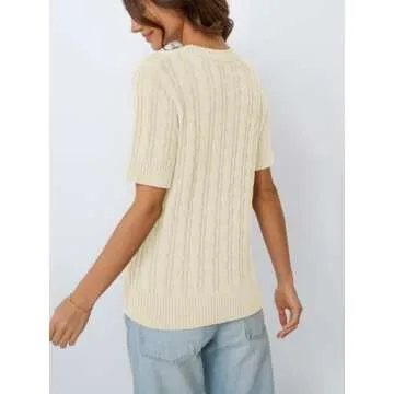 LILLUSORY Womens Short Sleeve Sweater for Women Cable Knit Spring Business Casual Outfits Dressy Work Tops Summer Y2K Shirts Cream M
