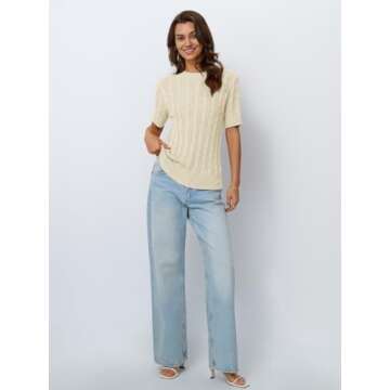 LILLUSORY Womens Short Sleeve Sweater for Women Cable Knit Spring Business Casual Outfits Dressy Work Tops Summer Y2K Shirts Cream M