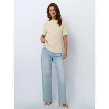 LILLUSORY Womens Short Sleeve Sweater for Women Cable Knit Spring Business Casual Outfits Dressy Work Tops Summer Y2K Shirts Cream M