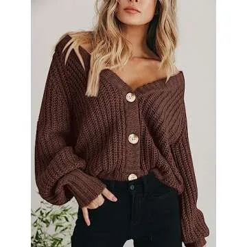 PRETTYGARDEN Women's Short Cardigan Sweaters V Neck Button-Down Long Sleeve Oversized Chunky Knit Cardigans (Brown,Medium)