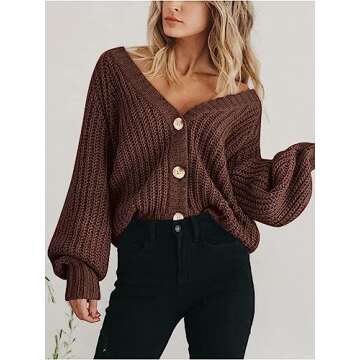 PRETTYGARDEN Women's Short Cardigan Sweaters V Neck Button-Down Long Sleeve Oversized Chunky Knit Cardigans (Brown,Medium)