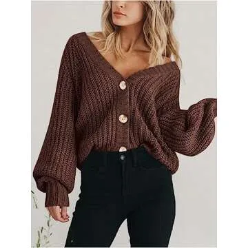 PRETTYGARDEN Women's Short Cardigan Sweaters V Neck Button-Down Long Sleeve Oversized Chunky Knit Cardigans (Brown,Medium)