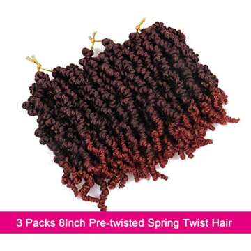 3 Packs Pre-twisted Spring Twist Hair 8 Inch Pre-Twisted Short Passion Twists Crochet Braids for Bob Spring Twists Short Curly Bomb Twist Braiding Hair Hair Extensions 18Strands/Pack (T1B/350#)