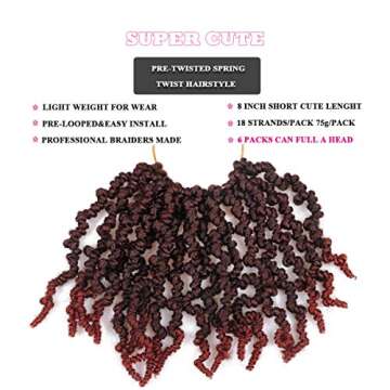 3 Packs Pre-twisted Spring Twist Hair 8 Inch Pre-Twisted Short Passion Twists Crochet Braids for Bob Spring Twists Short Curly Bomb Twist Braiding Hair Hair Extensions 18Strands/Pack (T1B/350#)