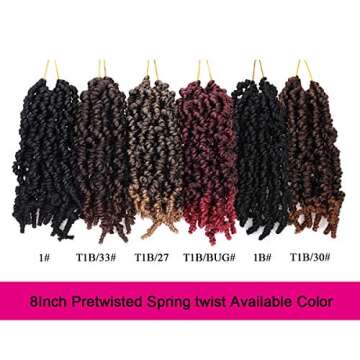 3 Packs Pre-twisted Spring Twist Hair 8 Inch Pre-Twisted Short Passion Twists Crochet Braids for Bob Spring Twists Short Curly Bomb Twist Braiding Hair Hair Extensions 18Strands/Pack (T1B/350#)