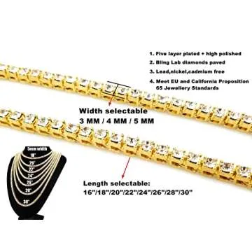 HH BLING EMPIRE Gold Silver Iced Out Diamond Tennis Chain Necklace for Men Women, Rhinestone Tennis Necklaces for Women and Teens, Bling Round Cuibc Zirconia Necklace Chains (3mm-Gold-18)