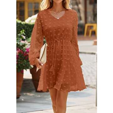 KIRUNDO Women's 2024 Spring Summer Long Sleeve V Neck Flowy Mini Dress Swiss Dot High Waist Chiffon ...