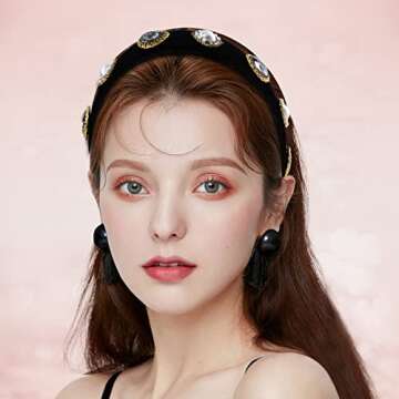 Cut it Vintage Jewelry Headband Handmade Wide Padded Pearl Hairband Baroque Black Velvet Rhinestone Hair Accessories for Women Daily Holiday Party