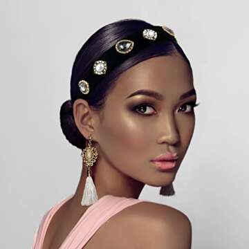 Cut it Vintage Jewelry Headband Handmade Wide Padded Pearl Hairband Baroque Black Velvet Rhinestone Hair Accessories for Women Daily Holiday Party