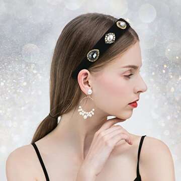 Cut it Vintage Jewelry Headband Handmade Wide Padded Pearl Hairband Baroque Black Velvet Rhinestone Hair Accessories for Women Daily Holiday Party