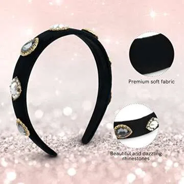 Cut it Vintage Jewelry Headband Handmade Wide Padded Pearl Hairband Baroque Black Velvet Rhinestone Hair Accessories for Women Daily Holiday Party