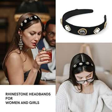 Cut it Vintage Jewelry Headband Handmade Wide Padded Pearl Hairband Baroque Black Velvet Rhinestone Hair Accessories for Women Daily Holiday Party