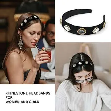 Cut it Vintage Jewelry Headband Handmade Wide Padded Pearl Hairband Baroque Black Velvet Rhinestone Hair Accessories for Women Daily Holiday Party