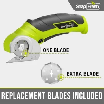 SnapFresh Cordless Electric Scissors, 4V Electric Mini Box Cutter, Carpet & Cardboard Cutter Tool with a Replacement Blade/Charger, Rotary Cutter for Cardboard Packages Leather Plastic （Green）