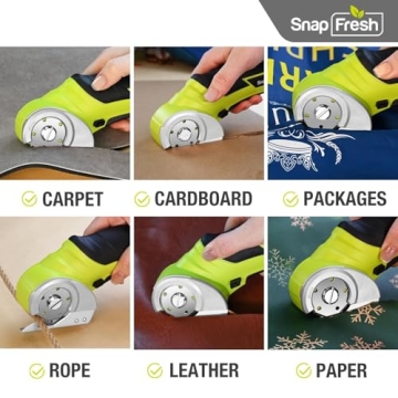 SnapFresh Cordless Electric Scissors, 4V Electric Mini Box Cutter, Carpet & Cardboard Cutter Tool with a Replacement Blade/Charger, Rotary Cutter for Cardboard Packages Leather Plastic （Green）