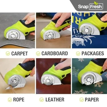 SnapFresh Cordless Electric Scissors, 4V Electric Mini Box Cutter, Carpet & Cardboard Cutter Tool with a Replacement Blade/Charger, Rotary Cutter for Cardboard Packages Leather Plastic （Green）