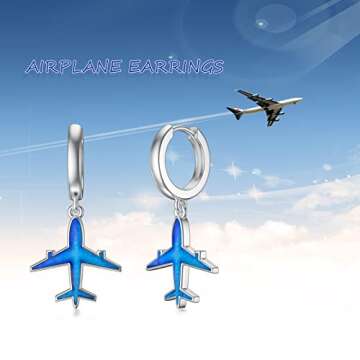 PELOVNY Airplane Earrings S925 Sterling Silver Hypoallergenic Blue Aircraft Jewelry Valentine's Day Gifts for Women