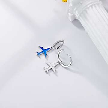 PELOVNY Airplane Earrings S925 Sterling Silver Hypoallergenic Blue Aircraft Jewelry Valentine's Day Gifts for Women
