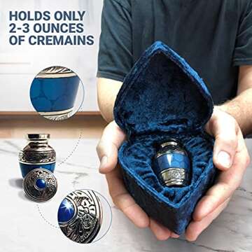 Small Keepsake Cremation Urns for Human Ashes with Velvet Heart Case and Funnel - Beautiful Peaceful Dark Blue Brass Hand Engraved Mini Memorial Urn