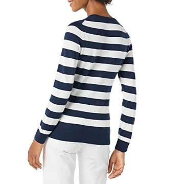 Amazon Essentials Women's Long-Sleeve Lightweight Crewneck Sweater (Available in Plus Size), Navy White Rugby Stripe, Small
