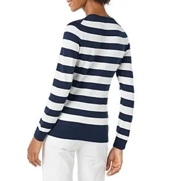 Amazon Essentials Women's Long-Sleeve Lightweight Crewneck Sweater (Available in Plus Size), Navy White Rugby Stripe, Small