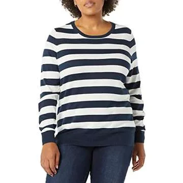 Amazon Essentials Women's Long-Sleeve Lightweight Crewneck Sweater (Available in Plus Size), Navy White Rugby Stripe, Small