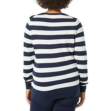 Amazon Essentials Women's Long-Sleeve Lightweight Crewneck Sweater (Available in Plus Size), Navy White Rugby Stripe, Small