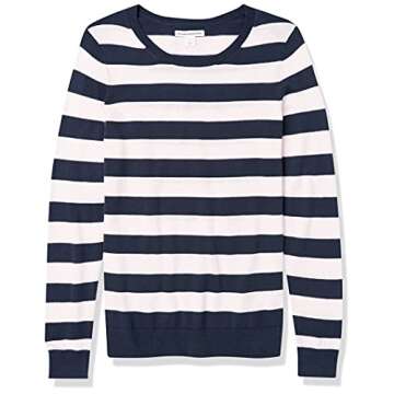 Amazon Essentials Women's Long-Sleeve Lightweight Crewneck Sweater (Available in Plus Size), Navy White Rugby Stripe, Small