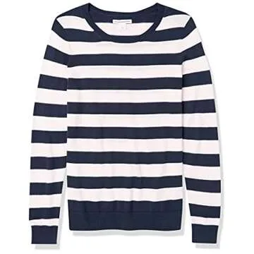 Amazon Essentials Women's Long-Sleeve Lightweight Crewneck Sweater (Available in Plus Size), Navy White Rugby Stripe, Small