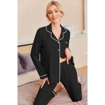 Ekouaer Pajamas Women's Long Sleeve Sleepwear Soft Button Down Loungewear Pjs Lounge Set Nightwear,Black,Small