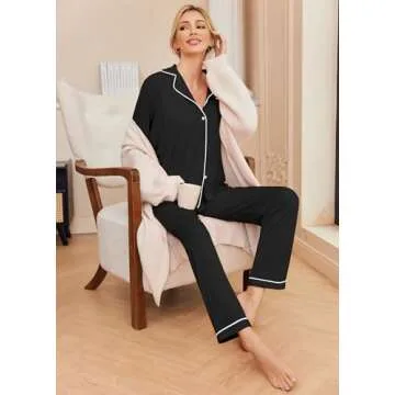 Ekouaer Pajamas Women's Long Sleeve Sleepwear Soft Button Down Loungewear Pjs Lounge Set Nightwear,Black,Small
