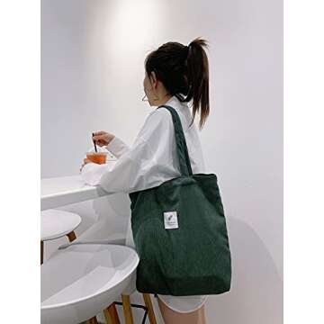 Geerta Corduroy Bag Green for Women Shoulder Bag with Inner Pocket Olive Green Tote Aesthetic Corduroyed Canvas Purse with Design for Work Beach Lunch Travel and Shopping Grocery