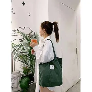 Geerta Corduroy Bag Green for Women Shoulder Bag with Inner Pocket Olive Green Tote Aesthetic Corduroyed Canvas Purse with Design for Work Beach Lunch Travel and Shopping Grocery
