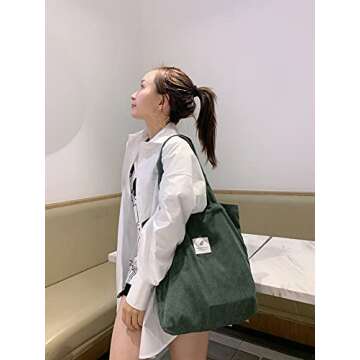 Geerta Corduroy Bag Green for Women Shoulder Bag with Inner Pocket Olive Green Tote Aesthetic Corduroyed Canvas Purse with Design for Work Beach Lunch Travel and Shopping Grocery