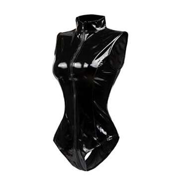 bslingerie Sexy Wet Look PVC Zip Up Clubwear Leather Bodysuit Teddy (Black Teddy, S)