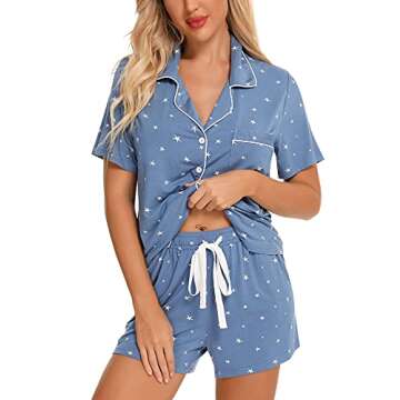 Pajamas Set Short Sleeve Sleepwear Womens 2 Piece Button Down Nightwear Soft Pj Lounge Sets Lake Blu...