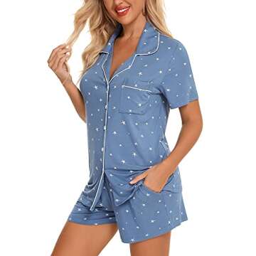 Pajamas Set Short Sleeve Sleepwear Womens 2 Piece Button Down Nightwear Soft Pj Lounge Sets Lake Blue Stars M