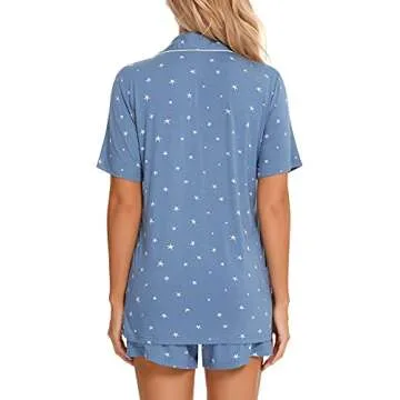 Pajamas Set Short Sleeve Sleepwear Womens 2 Piece Button Down Nightwear Soft Pj Lounge Sets Lake Blue Stars M