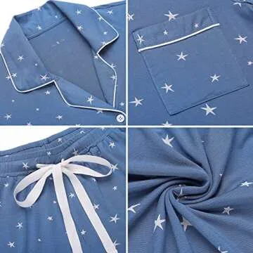 Pajamas Set Short Sleeve Sleepwear Womens 2 Piece Button Down Nightwear Soft Pj Lounge Sets Lake Blue Stars M